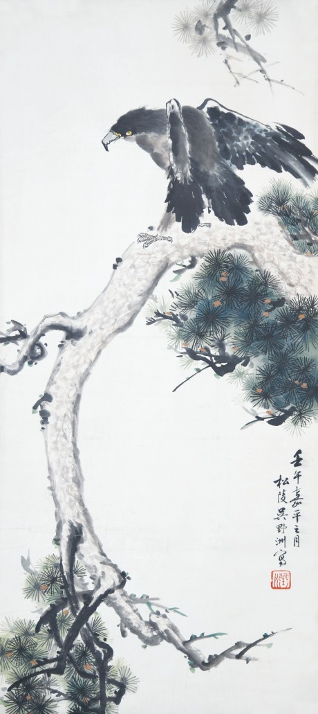 吳野洲 鷹立軸 109*49cm